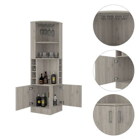 Tuhome Syrah Corner Bar Cabinet, Eight Bottle Cubbies, Double Door, Two Open Shelves, Light Grey BLZ6547